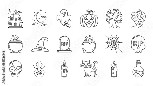 Collection of Halloween Icons and Symbols Line Art.