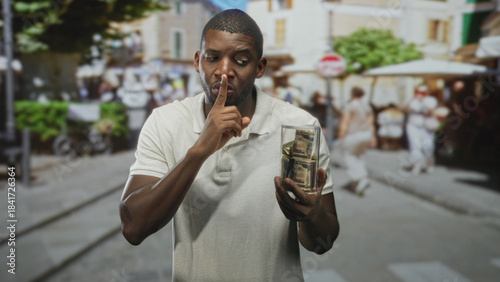 Fotografia Young man in white polo holding glass jar of dollars, finger to lips for silence in busy street market; secrecy