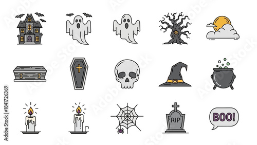 Collection of Halloween Icons and Symbols on White Background.