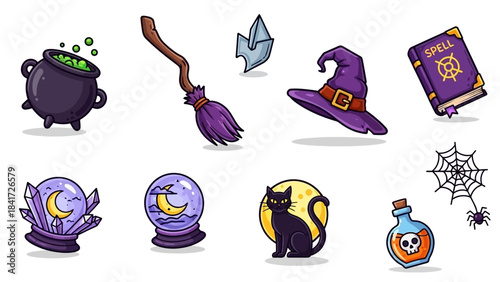 Collection of Halloween-themed mystical and magical objects for witchcraft and spooky celebrations.