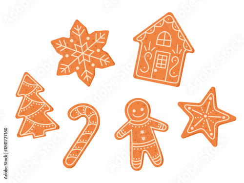 Set of Christmas gingerbread cookie with icing illustrations. Winter biscuits in shape of house, candy cane, gingerbread man, star, snowflake and Xmas tree. Traditional holiday treats