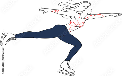 Figure skater performing graceful pose, female athlete on ice, elegant skating illustration, winter sports artwork, dynamic movement design, professional ice skating concept