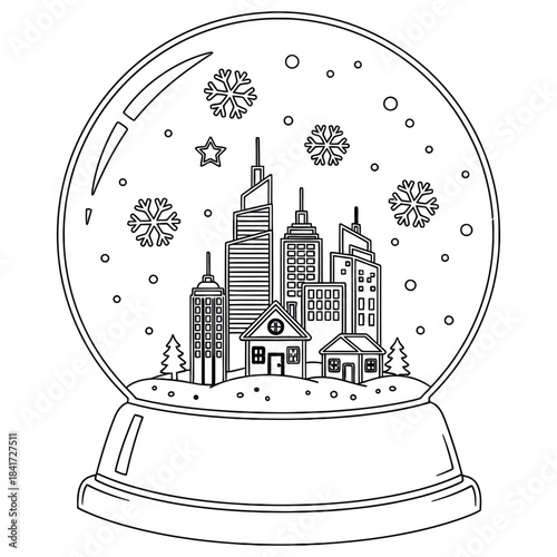 Snow globe cityscape coloring page | Winter snow scene illustration with buildings and houses | Holiday printable line art for kids and adults