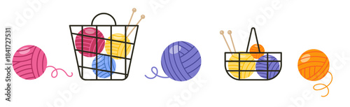 Vector set with yarnwork design elements. Yarn Balls, Basket Organizer, Knitting Needles 