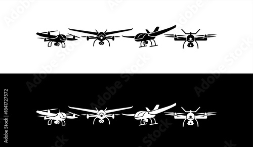 Collection of drone icons in black and white