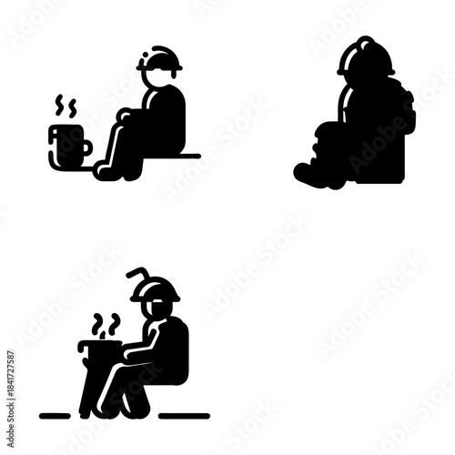 Silhouetted icons of a person in a hard hat sitting next to a steaming beverage. The minimalistic black design