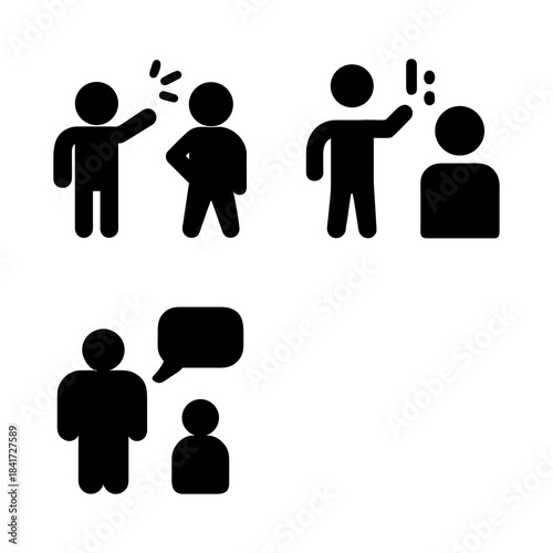 Three black silhouette icons depict interactions between people. The first shows two figures