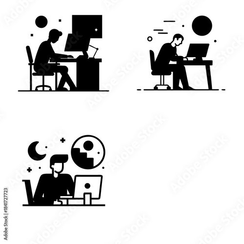 Three black and white illustrations depict individuals working or studying at desks with computers