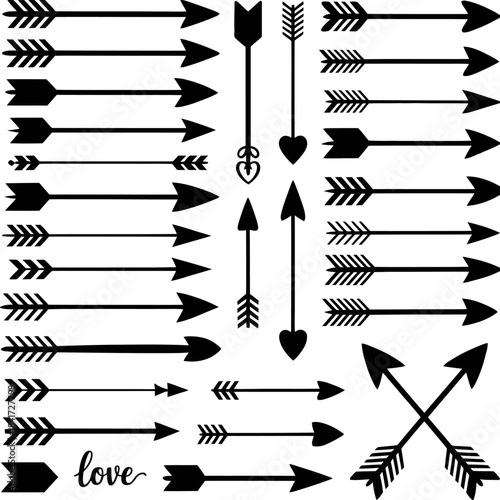 “Collection of black decorative arrows in assorted styles featuring heart tips, bold silhouettes, and romantic design elements on white background.”