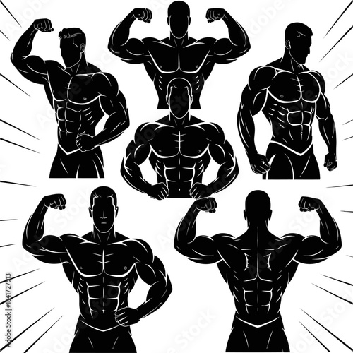 Set of muscular male bodybuilding poses showcasing strength, symmetry, and physique definition in various front and back stances illustrations.