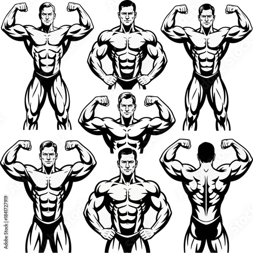 Set of muscular male bodybuilding poses showcasing strength, symmetry, and physique definition in various front and back stances illustrations.