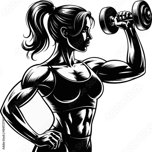 A strong athletic woman lifts dumbbells under a spotlight, showcasing power, determination, discipline, and fitness strength.