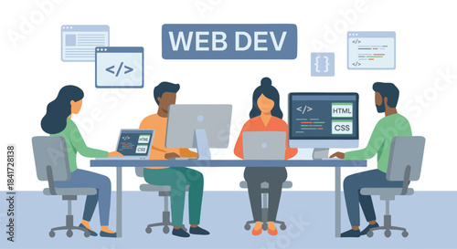 Developers Coding with HTML and CSS – Flat Style Illustration