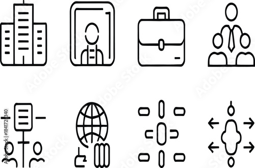Business and Corporate Line Icons Set – Office Management, Teamwork, Leadership, Global Communication, Briefcase, Organization Structure, Professional Workspace Symbols