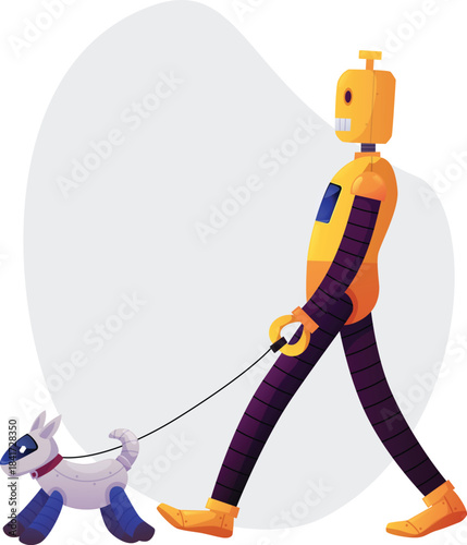 Robot walk with robotic dog on a leash, futuristic smart city, vector artificial intelligence machine owner and animal