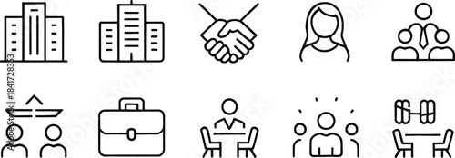 Business and Office Line Icons Set – Corporate Teamwork, Leadership, Company Building, Meeting, Partnership, Briefcase, Communication and Management Symbols