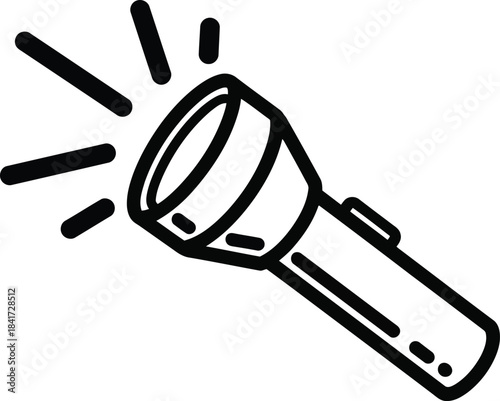 A simple line art illustration of a flashlight casting a beam of light
