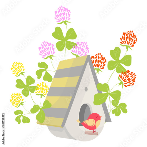 A charming birdhouse with a yellow and gray striped roof, nestled among colorful clover flowers, with a cute red bird peeking out.