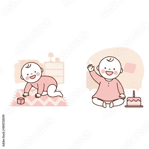 Cute baby crawling and waving happily, with a birthday cake and toy block, for early childhood development and celebration themes.