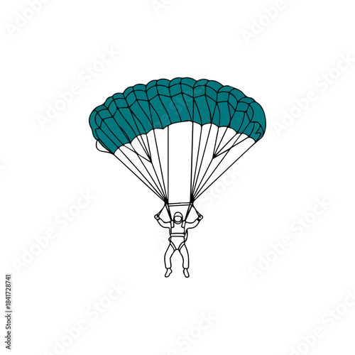 Skydiver Descending With Parachute Open, Airborne Adventure Leisure Activity Skydiving Silhouette Line Art Illustration