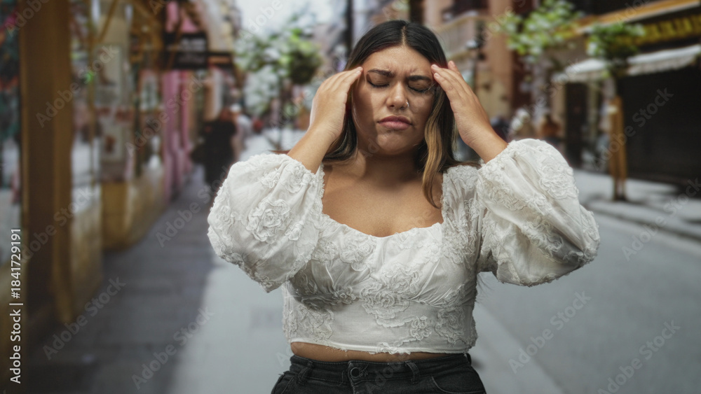 Fototapeta premium Woman with hand on forehead for headache on street wearing white embroidered blouse, wincing and rubbing temples; stress fatigue frustration.