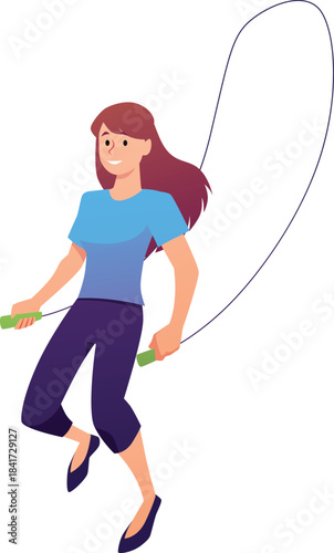 Woman jumping with skipping rope, vector flat cardio training, fitness exercise with sport equipment, street workout