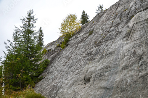 Rugged rock wall of Written Stone rises beside pine and deciduous tree line featuring faint graffiti. Autumn colors tint the scene conveying solitude as natural and urban marks meet on remote hillside