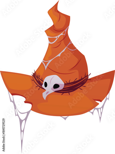 Spooky magic witch hat with magic symbols, skull, spider web, orange color.