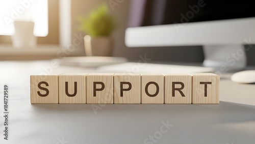 Wooden alphabet blocks spelling the word support rest on a modern office desk with soft sunlight illuminating the foreground and background elements.