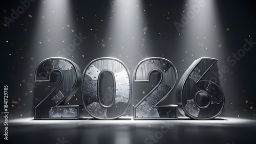 Year 2026 is dramatically presented in heavy industrial metal typography illuminated by bright spotlights against a dark gritty background suggesting strength and future.