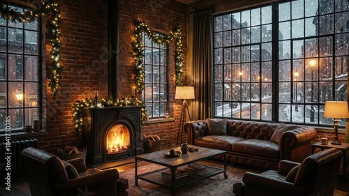 Flames dance in the fireplace while snow falls outside the window during winter. Looped footage for background.