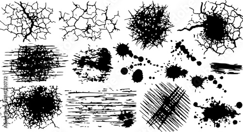 Collection of various black ink splatters and strokes on white background