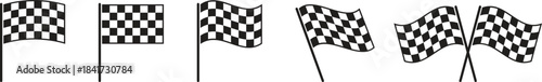 Checkered racing flag icon set. Finish and start line symbol for motor sport. Car, motorbike competition. Checkered flag for speed rally. Black and white waving racing flag vector illustration sign.