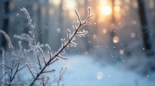 Frosted twigs with sparkling bubbles in peaceful snowy winter forest scene 
