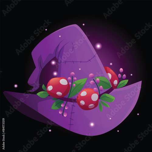 Magic witch hat, purple, on black background, with fly agarics, leaves and glowing particles.