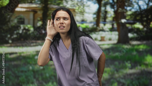 Young nurse in lavender scrubs covers ears and winces, holding hands to head in a sunny park courtyard near a building; distress concern.