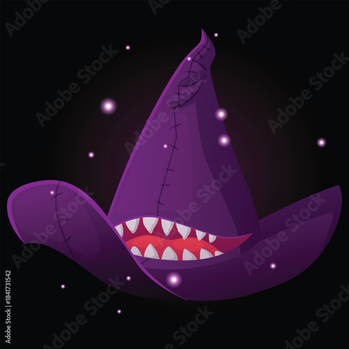 Witch hat, purple color, with smiling mouth with sharp teeth, tongue and magic glowing particles.