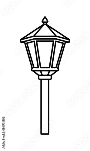 A black and white outline icon of a classic outdoor lamppost with a traditional lantern top