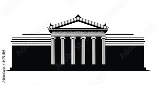 A striking black and white silhouette of a classical building with columns and a pediment silhouette