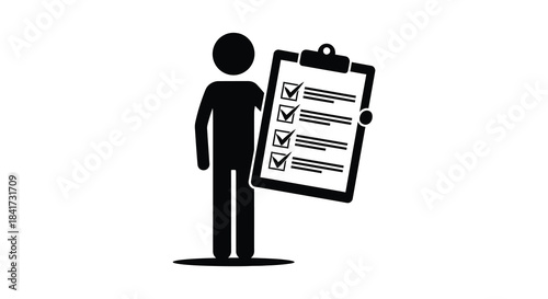 A person holding a clipboard with checkmarks representing task completion or inspection silhouette