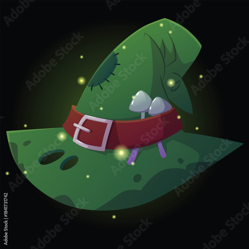 Witch's witchcraft hat, green, with dirty spots, holes, patch, strap, mushrooms, glowing particles.