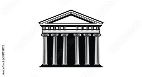 A striking depiction of a classical greek temple facade in a bold black and white silhouette