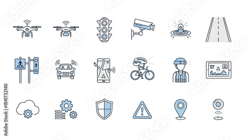 Collection of modern technology and transportation icons.