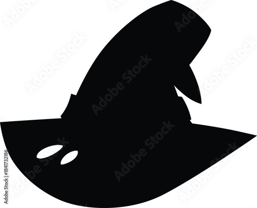 Witch magic hat, black silhouette, pointed shape, with round holes, eyes.