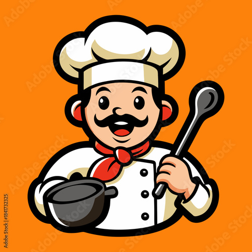 A friendly cartoon chef mascot with a smile, holding a cooking pot and a ladle Vector