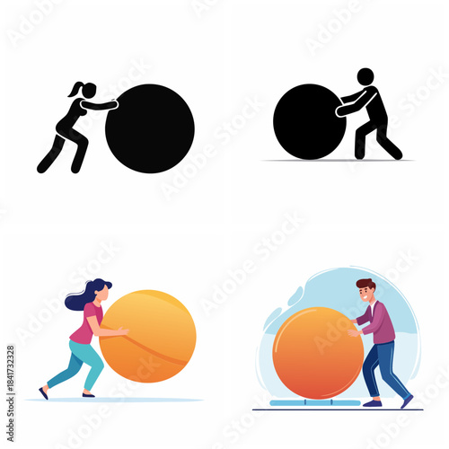 Download vector people pushing large spheres in various illustrations promoting teamwork effort and cooperation in business or conceptual designs