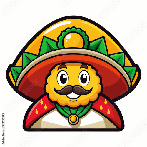 A cheerful cartoon mascot character wearing a vibrant mexican sombrero hat and mustache. Vector
