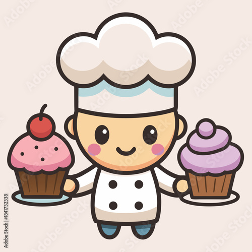 A cute cartoon chef character holding two delicious cupcakes, one pink and one purple Vector