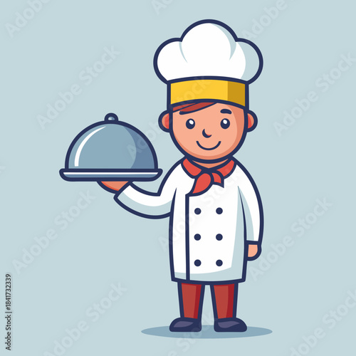 Happy cartoon chef illustration holding a covered serving tray on a plain background Vector