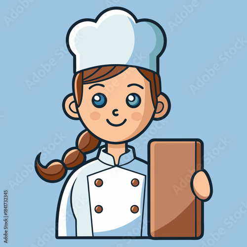 Smiling female chef illustration with braid and chef hat holding a board Vector